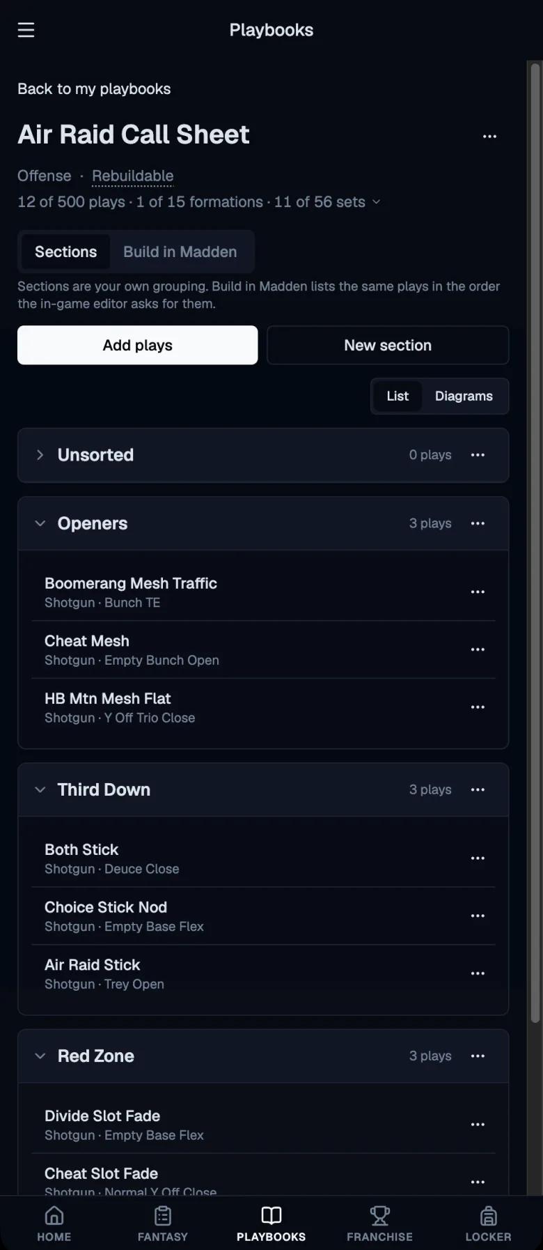 A custom playbook organized into sections on a phone