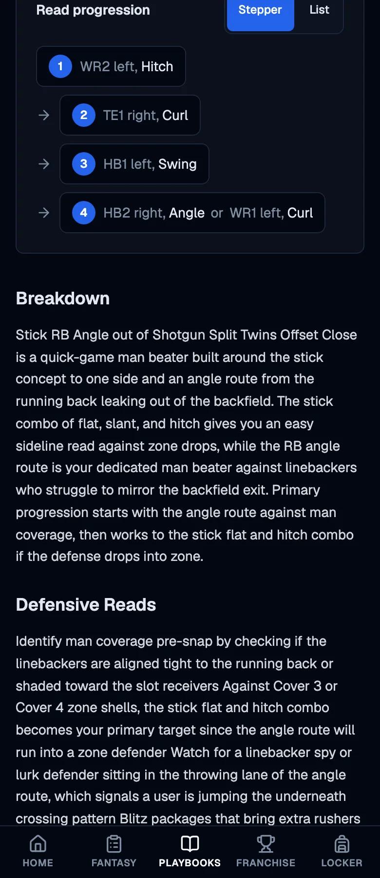 A play breakdown with its read progression on a phone