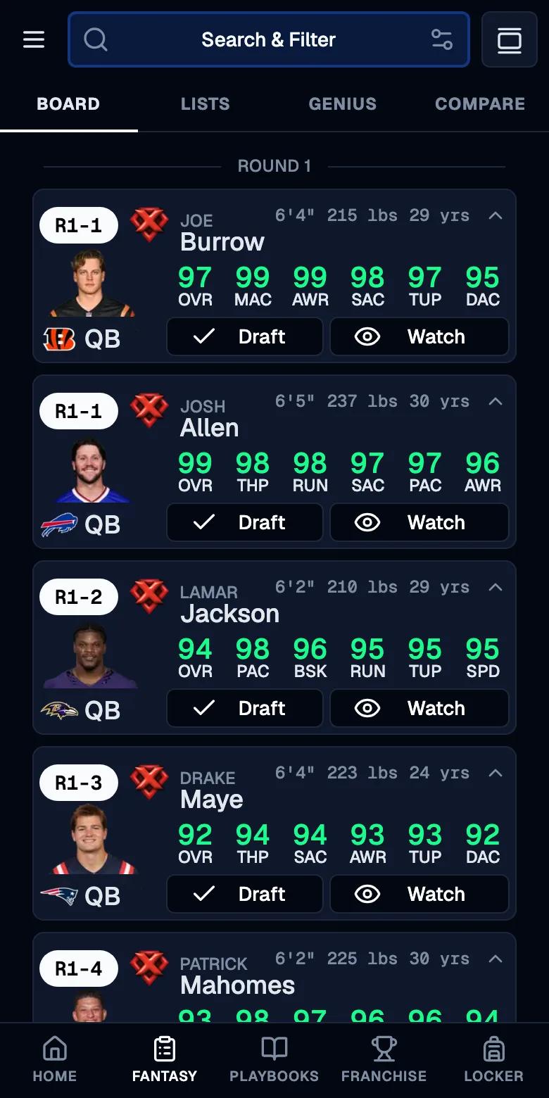The Madden Tools draft board on a phone, showing Round 1 player cards