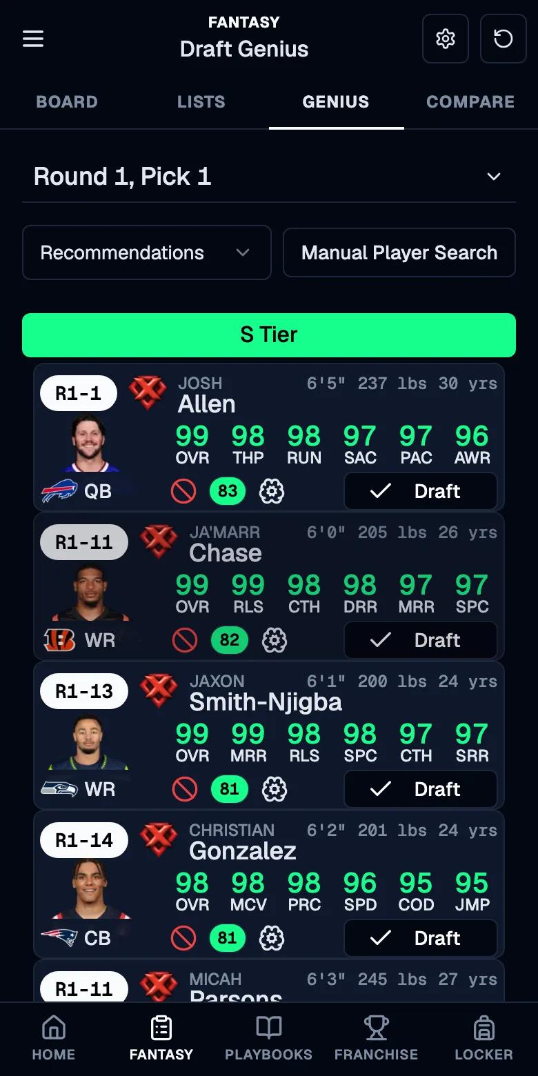 Draft Genius on a phone, showing S-Tier round 1 recommendations with per-player scores