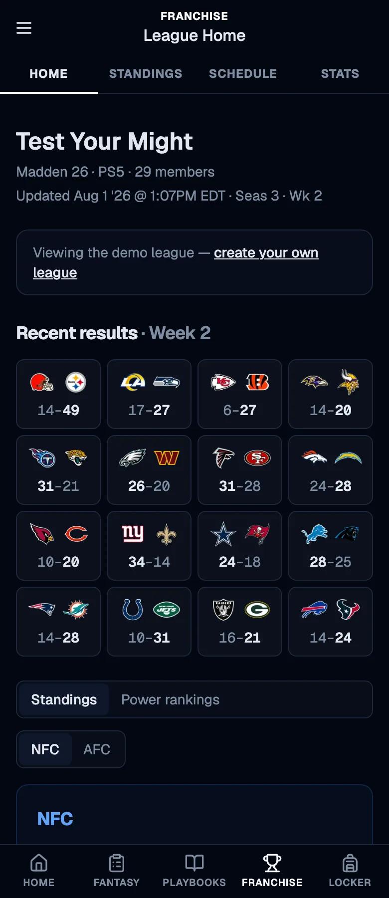 A Madden Tools league home page on a phone, showing week 2 results