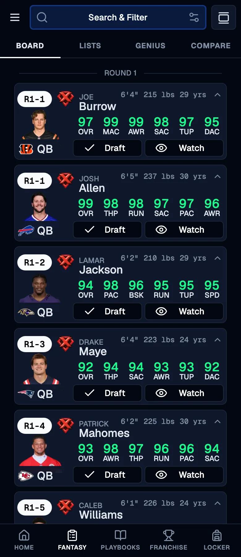 Madden Tools draft board on a phone, showing round 1 picks