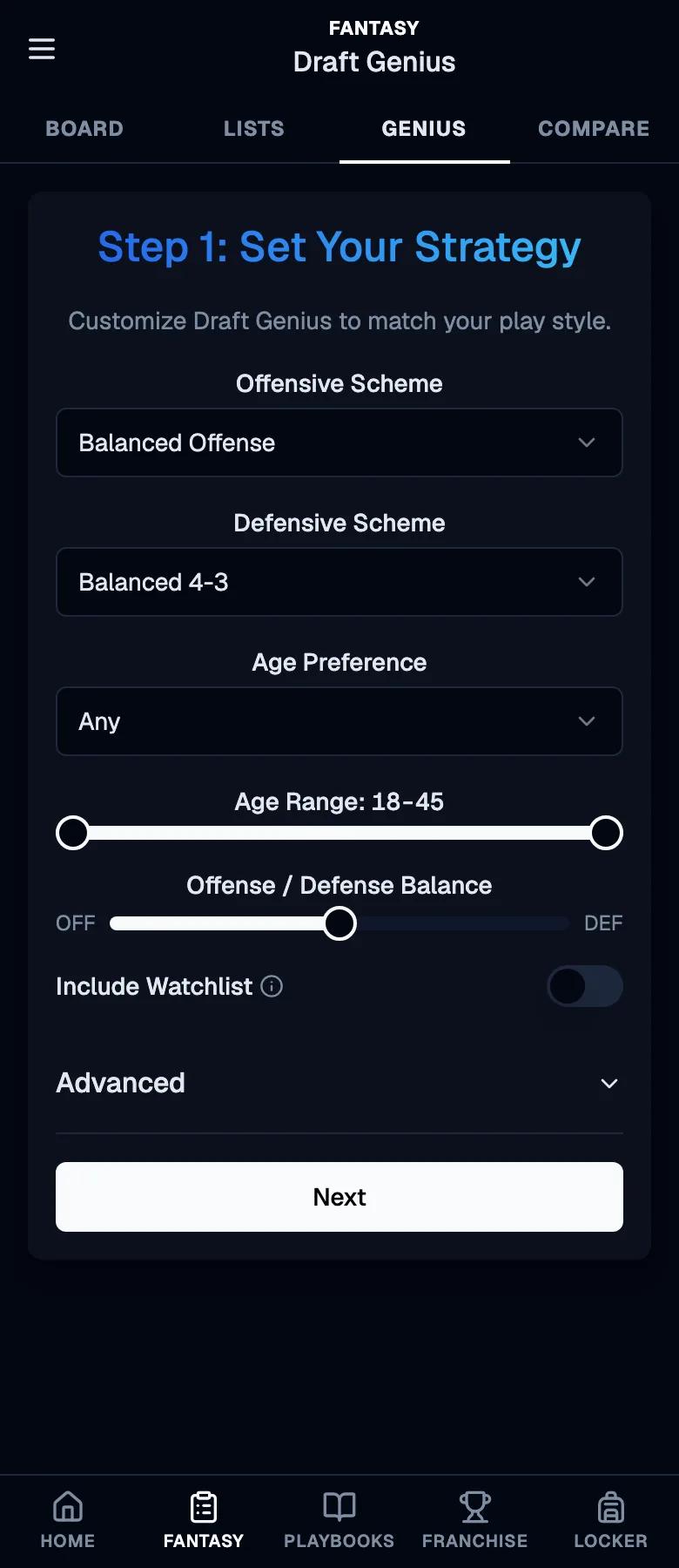 Draft Genius strategy setup on a phone