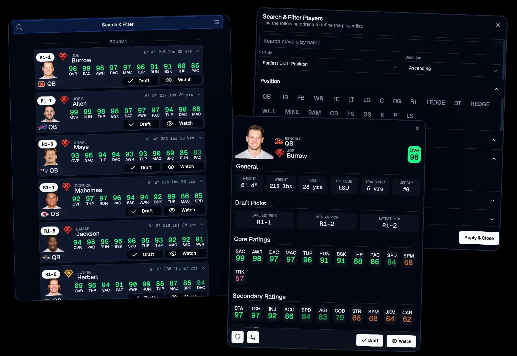 Draft board with the search-and-filter panel and Joe Burrow's expanded player card