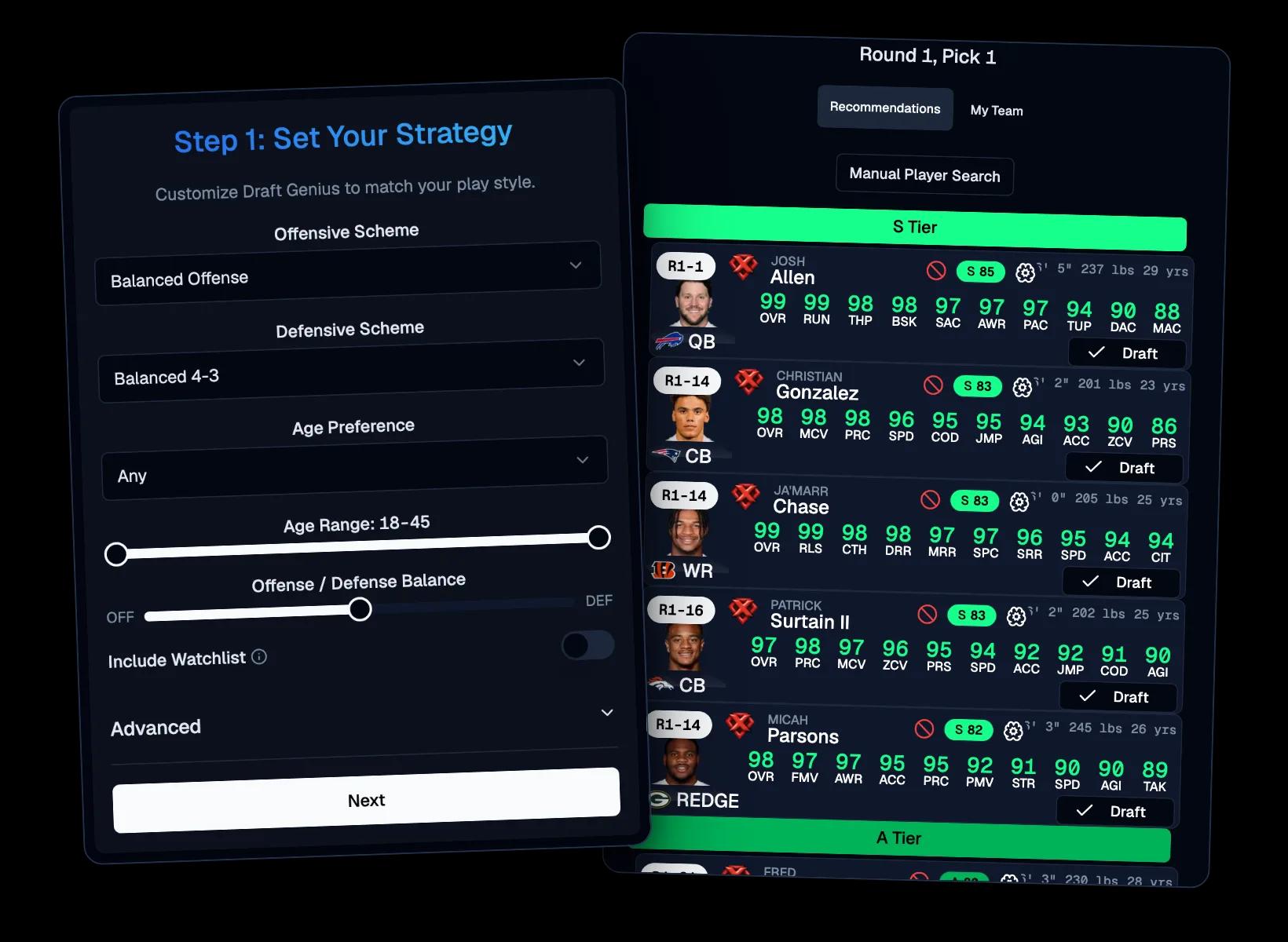 Draft Genius strategy setup alongside live S-Tier recommendations for Round 1, Pick 1