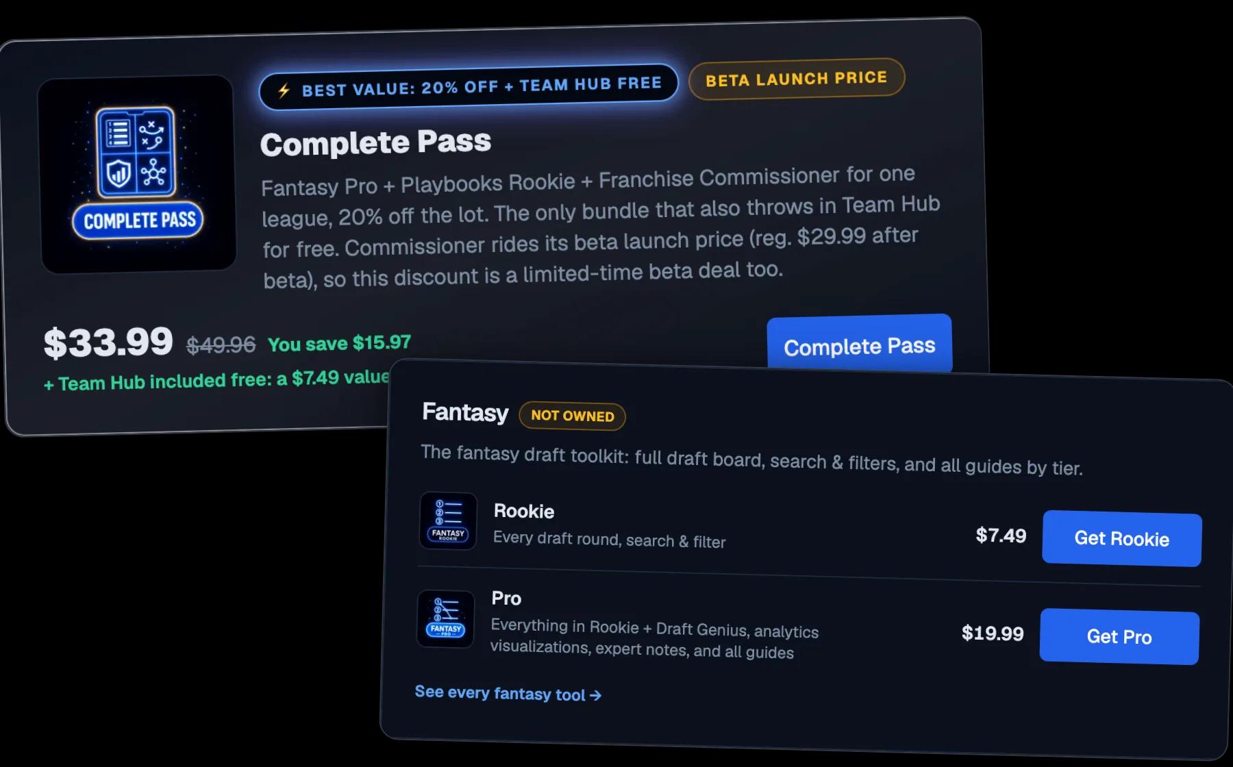 The Locker showing the Complete Pass bundle at a discount above the Fantasy passes with their prices
