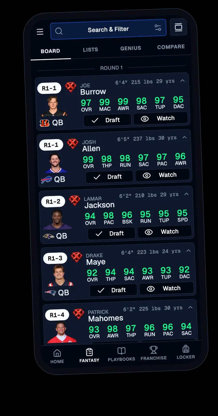 Draft board on a phone with search, filters, and one-tap draft buttons