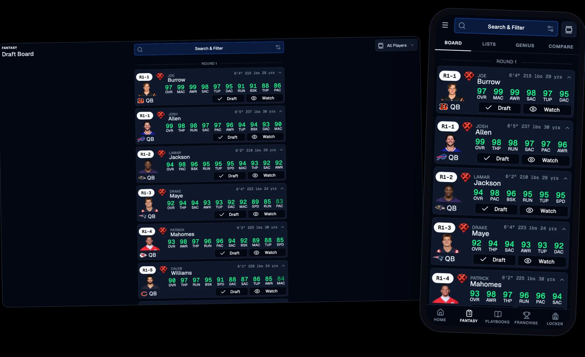 Draft board on desktop and phone: Round 1 players ranked by real pick position, with search and filters