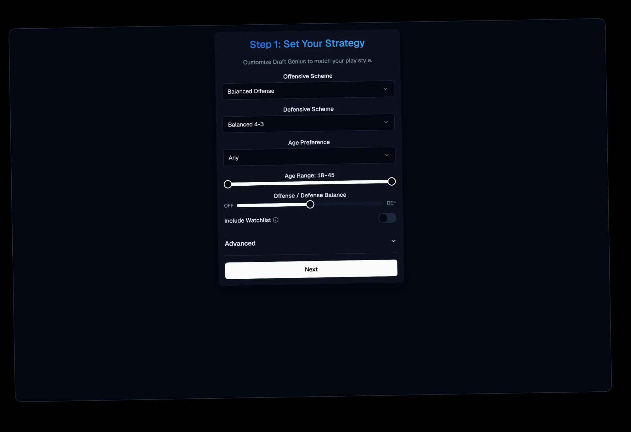 Draft Genius Step 1 strategy wizard with scheme, age, and balance controls