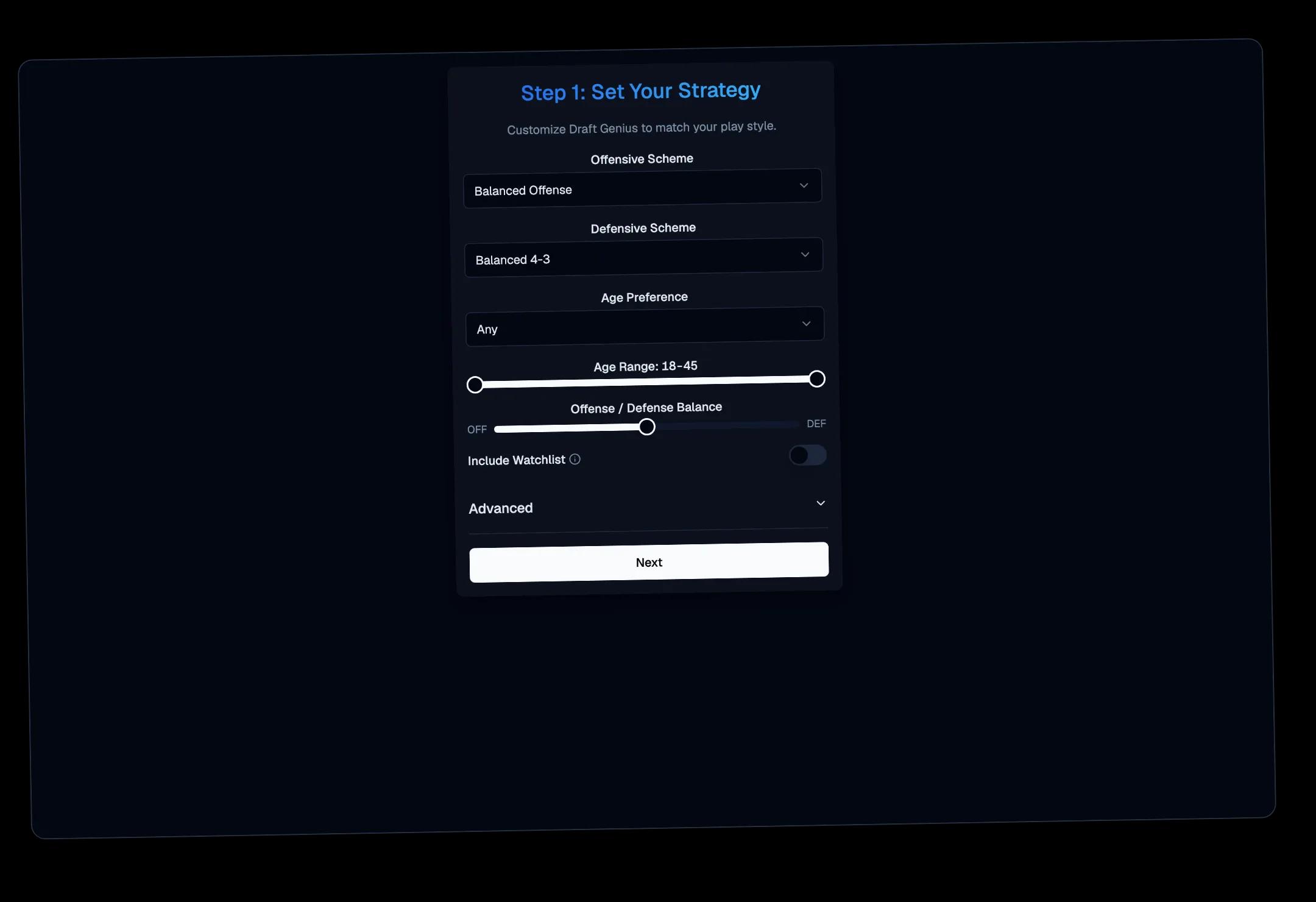 Draft Genius Step 1 strategy wizard with scheme, age, and balance controls