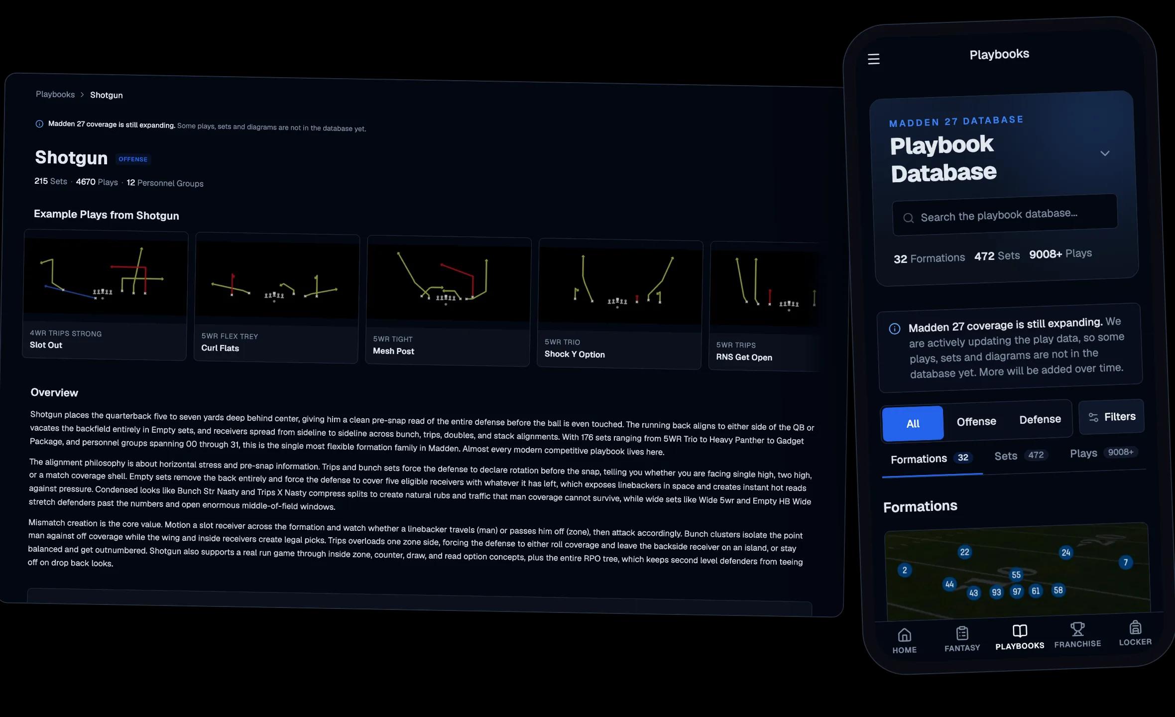 Shotgun formation play art on desktop with the mobile playbook browser beside it