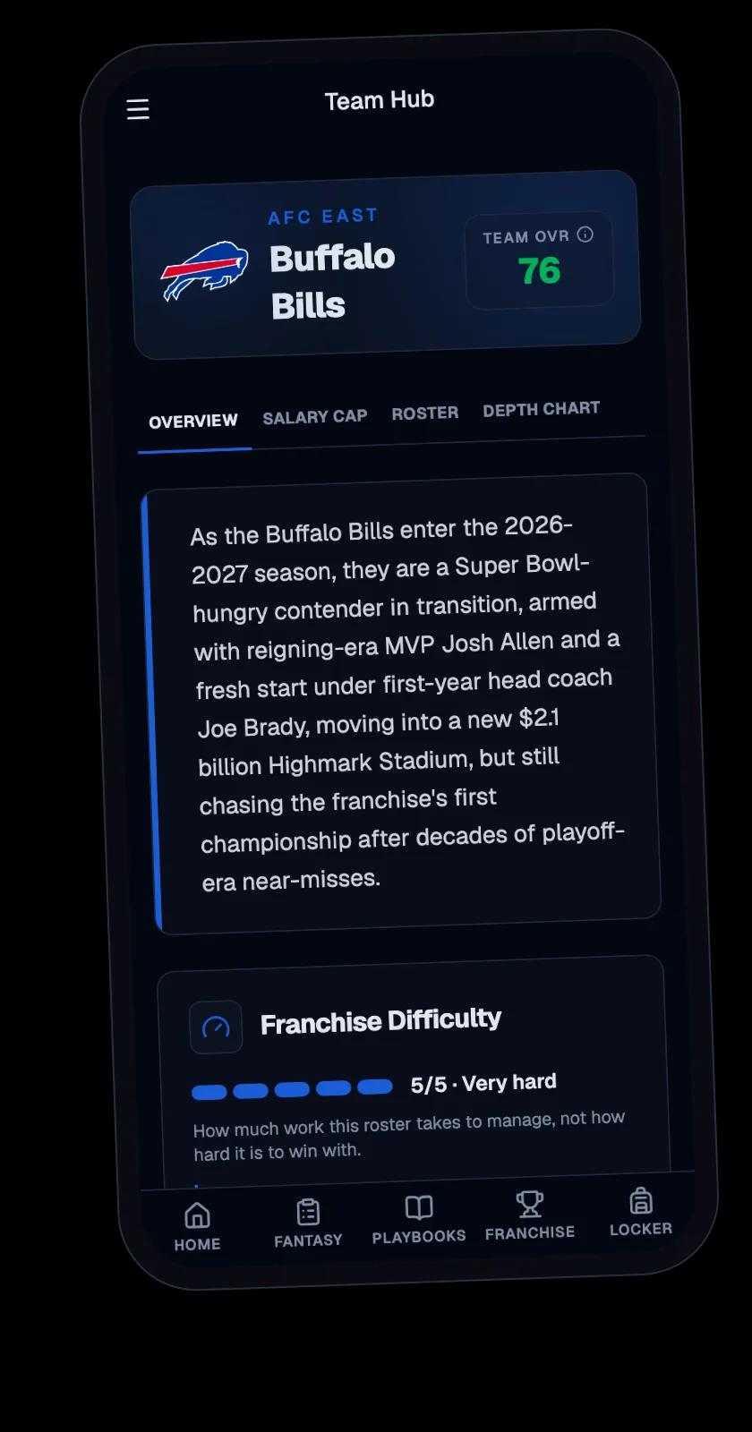 Buffalo Bills team page on a phone with the season overview and franchise difficulty meter