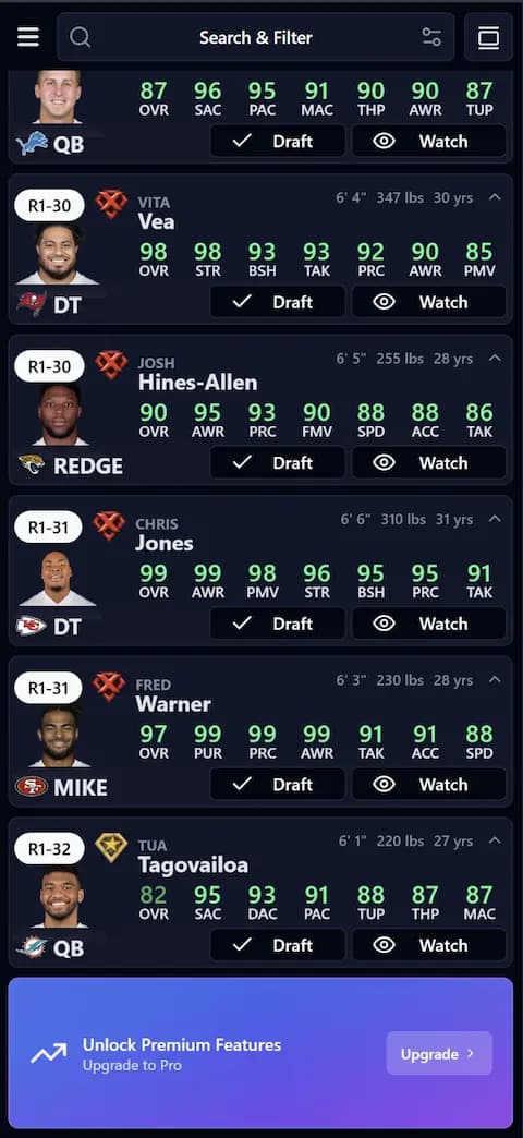 Madden Tools draft board interface showing locked later rounds with player cards and draft positions
