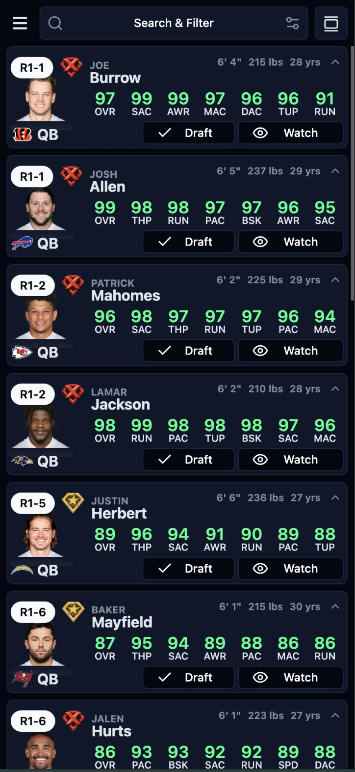 Madden Tools Dashboard showing draft board, player cards, and watchlist interface