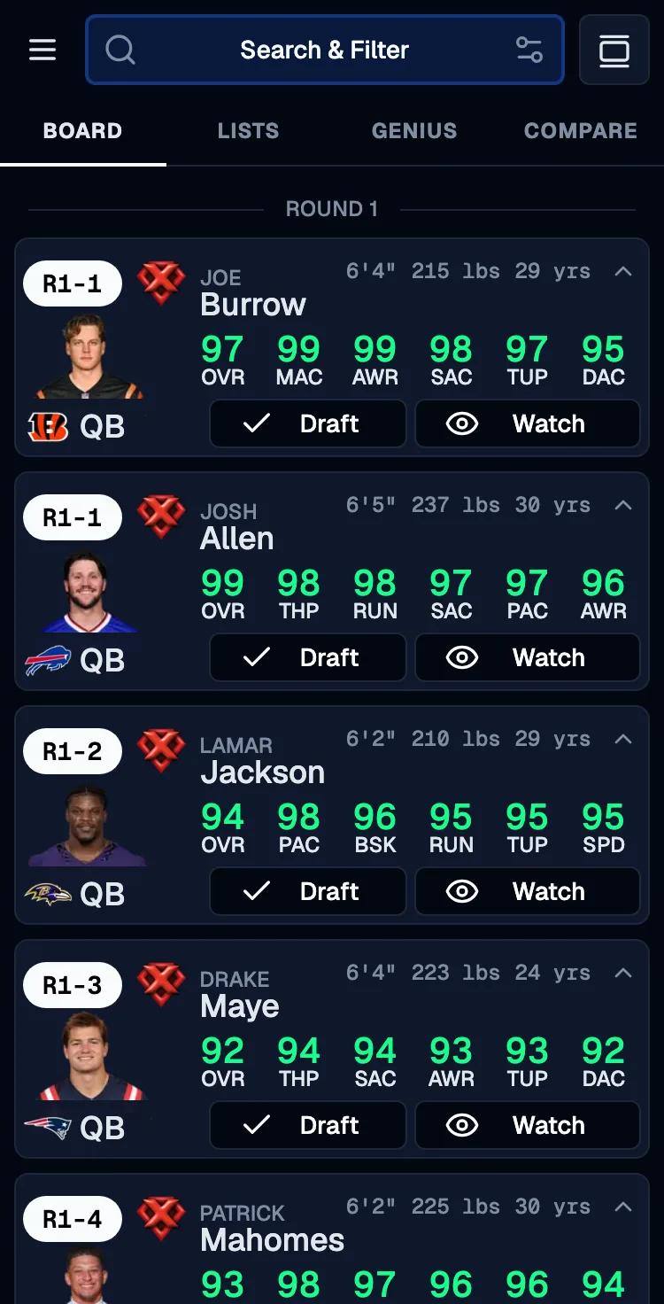 The Madden Tools draft board on a phone, listing Round 1 quarterbacks with Draft and Watch buttons on every card