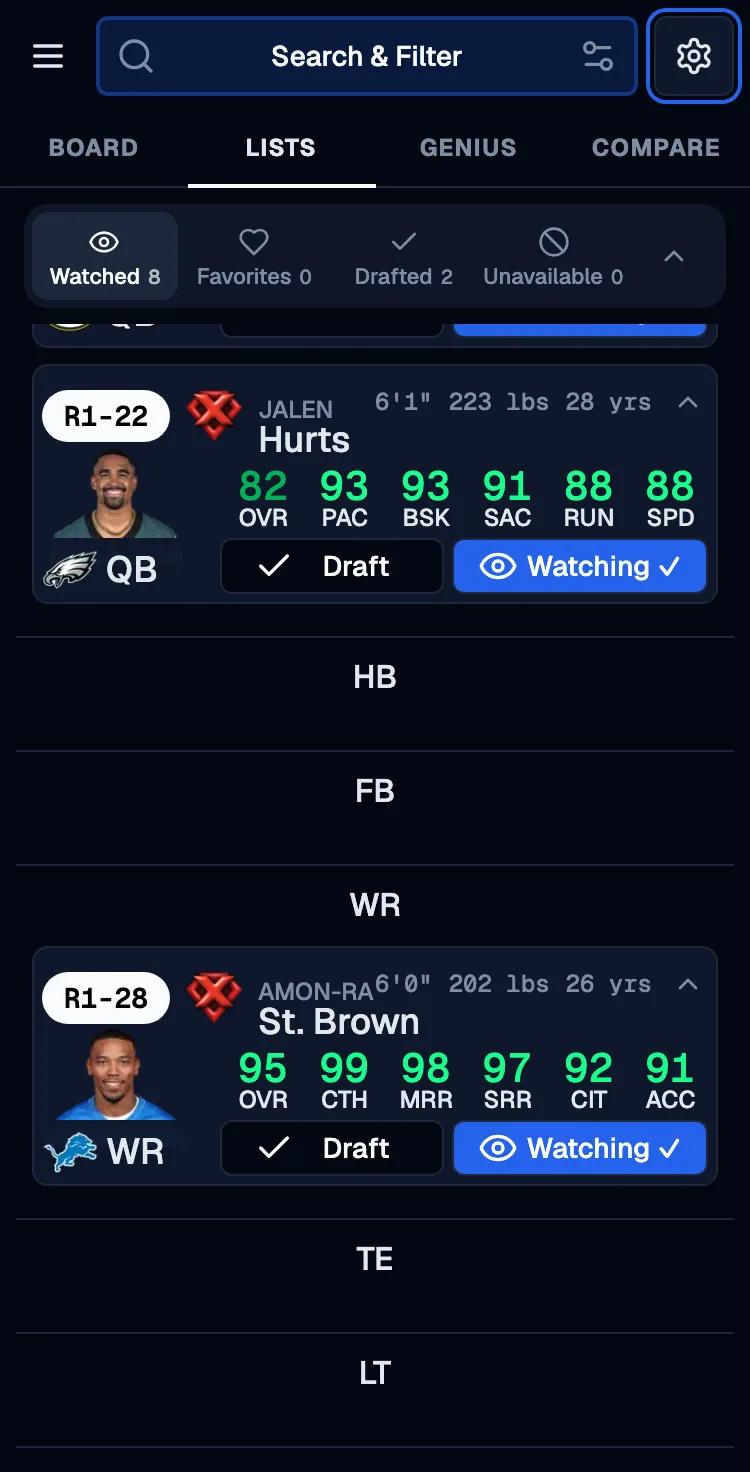 The watchlist depth chart view grouping watched players by position, with filled QB and WR slots and empty HB and FB slots
