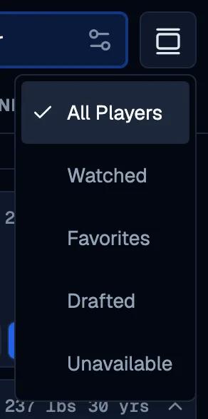 The player list switcher open beside the search bar, listing All Players, Watched, Favorites, Drafted, and Unavailable views