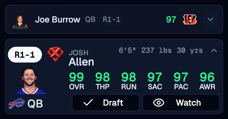 Joe Burrow collapsed to a one-line unavailable stub above a full Josh Allen player card, after tapping the card chevron