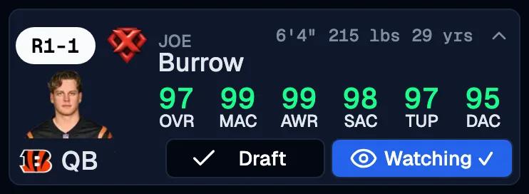 Joe Burrow player card with the Watch button in its blue Watching state