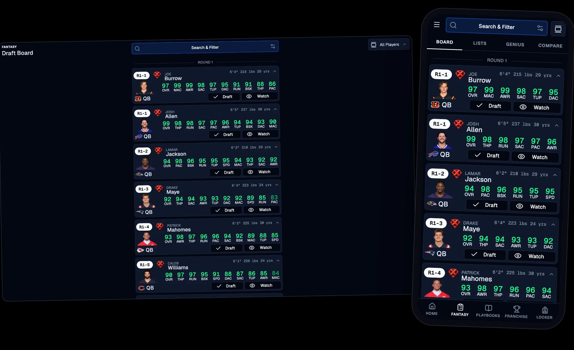 Draft board on desktop and phone: Round 1 players ranked by real pick position, with search and filters