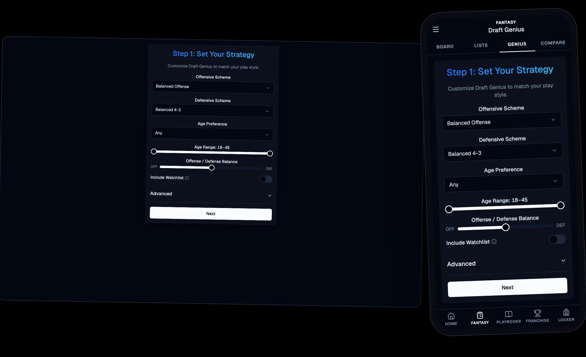 Draft Genius strategy wizard on desktop with the live S-Tier recommendations on a phone