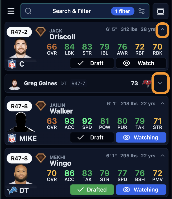 Player card showing minimize button and remove options for unavailable players