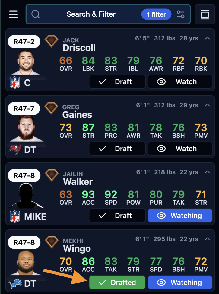 Examples of draft button states showing available vs drafted players