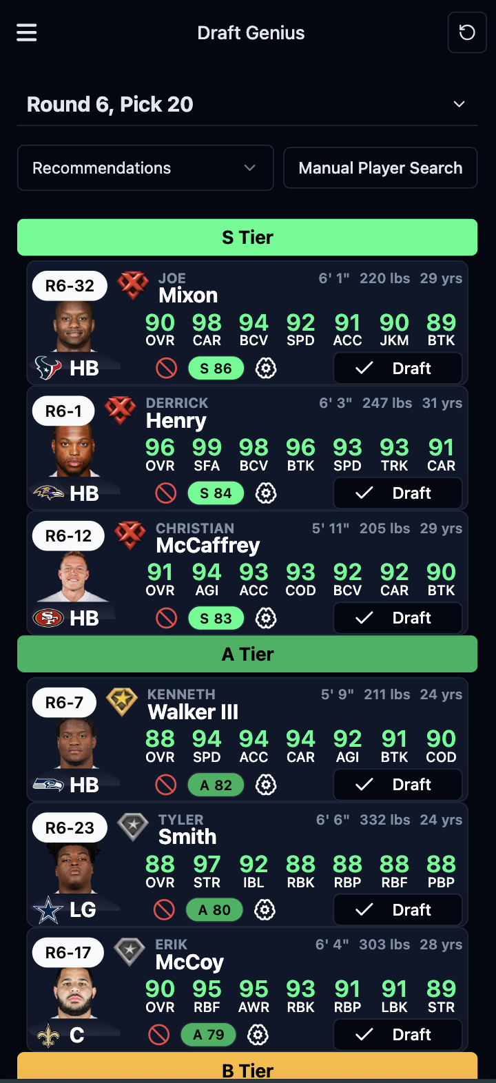 Draft Genius live assistant highlighting picks during the draft