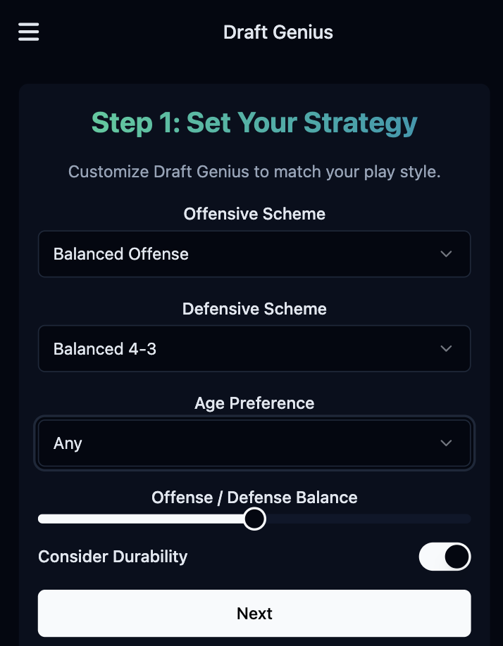 Draft Genius preview showing personalized draft recommendations