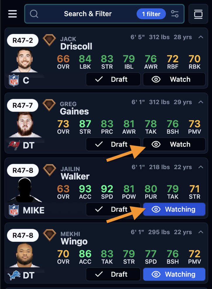 Player card showing watch button highlighted when adding to watchlist