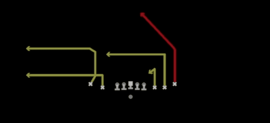 Play diagram for Mills Double Out from Shotgun 5WR Tight in Madden 27