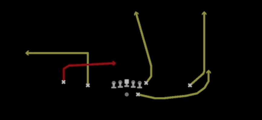 Play diagram for X Under Seams from Shotgun Doubles in Madden 27