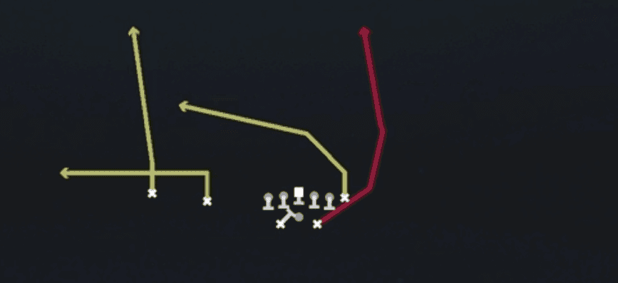Play diagram for PA HB Seam from Shotgun Split Twins Offset in Madden 27