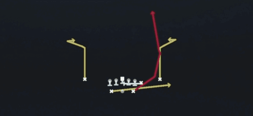 Play diagram for Mtn PA HB Seam from Shotgun Split Y Off in Madden 27