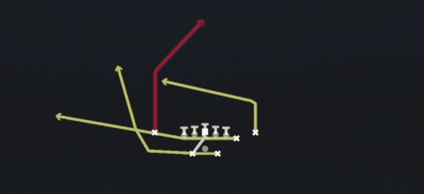 Play diagram for PA Spinner Post Flood from Shotgun Split Y Off Close in Madden 27