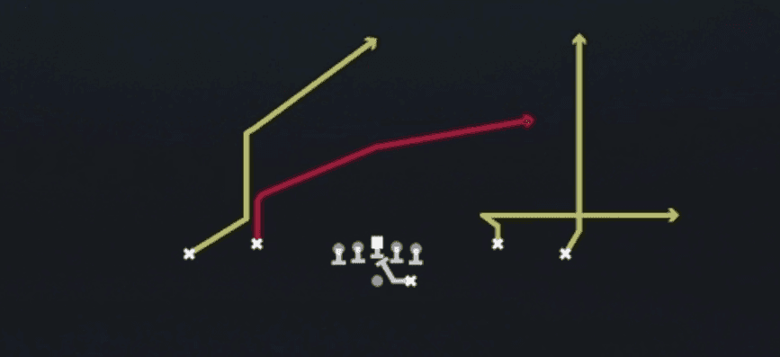 Play diagram for PA Read from Shotgun Spread Dbl Flex in Madden 27