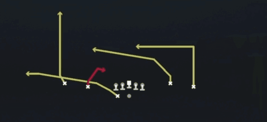 Play diagram for Spot Y Cross from Shotgun Spread Y-Flex Wk in Madden 27