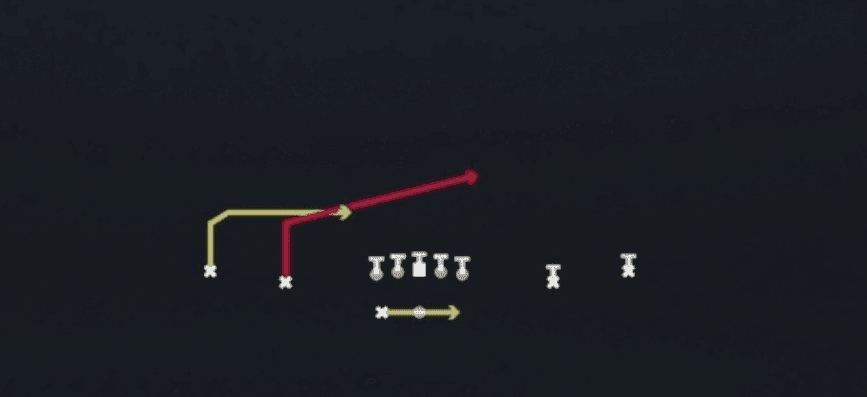 Play diagram for RPO Peek Slant from Shotgun Spread Y-Slot Wk in Madden 27