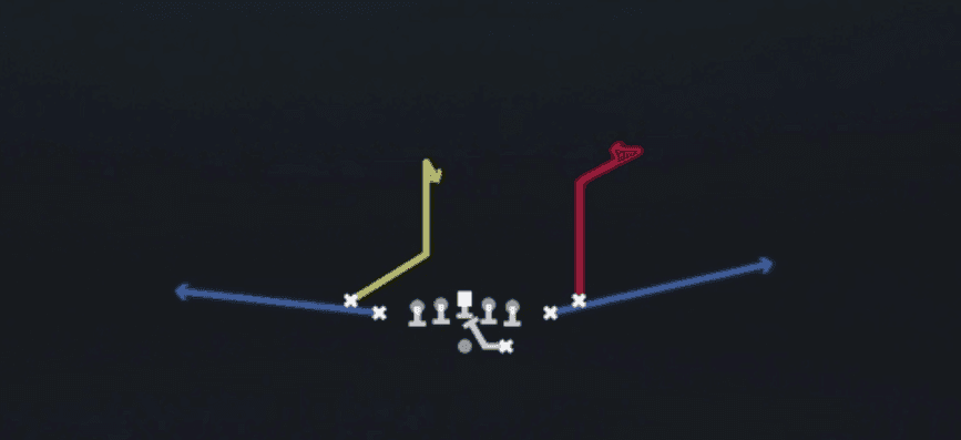 Play diagram for PA Seam Stop from Shotgun Tight Slots in Madden 27
