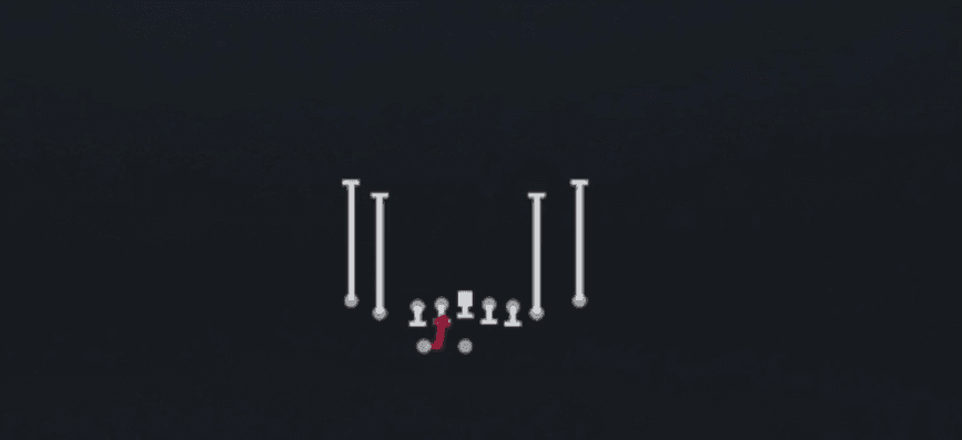Play diagram for HB Mid Draw from Shotgun Tight Slots HB Wk in Madden 27