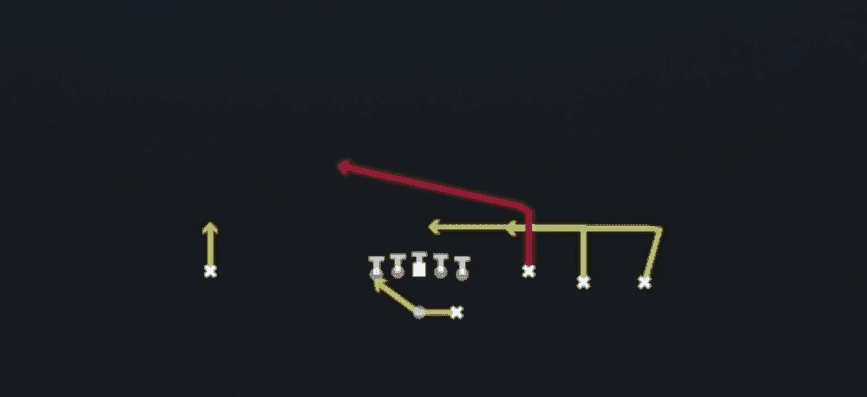 Play diagram for RPO Peek Slant from Shotgun Trey Open HB Str in Madden 27
