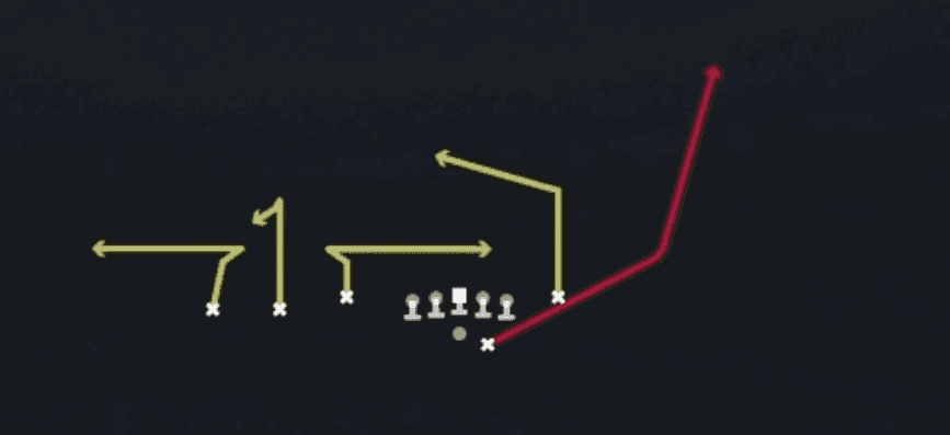 Play diagram for Whips HB Wheel from Shotgun Trey Y-Flex in Madden 27