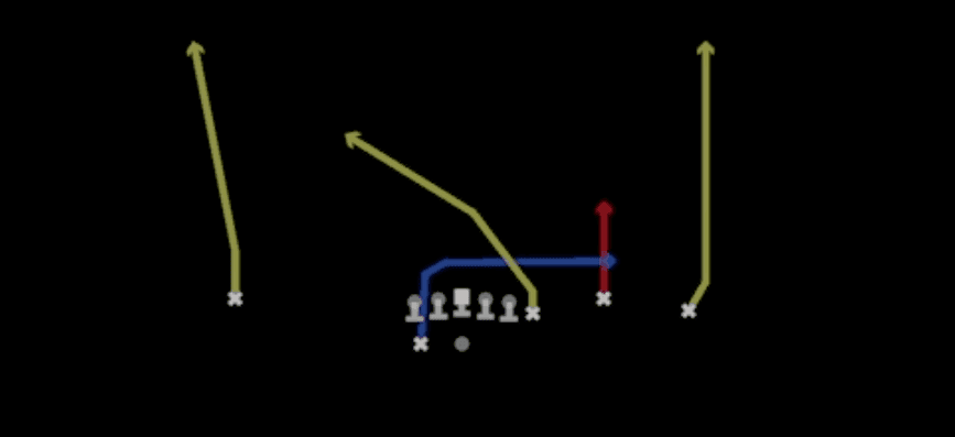 Play diagram for Four Verticals from Shotgun Y Off Trio Wk in Madden 27