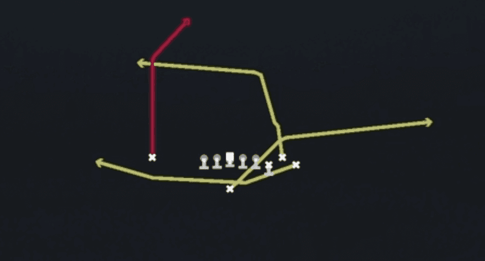 Play diagram for PA End Around from Singleback Bunch Ace in Madden 27