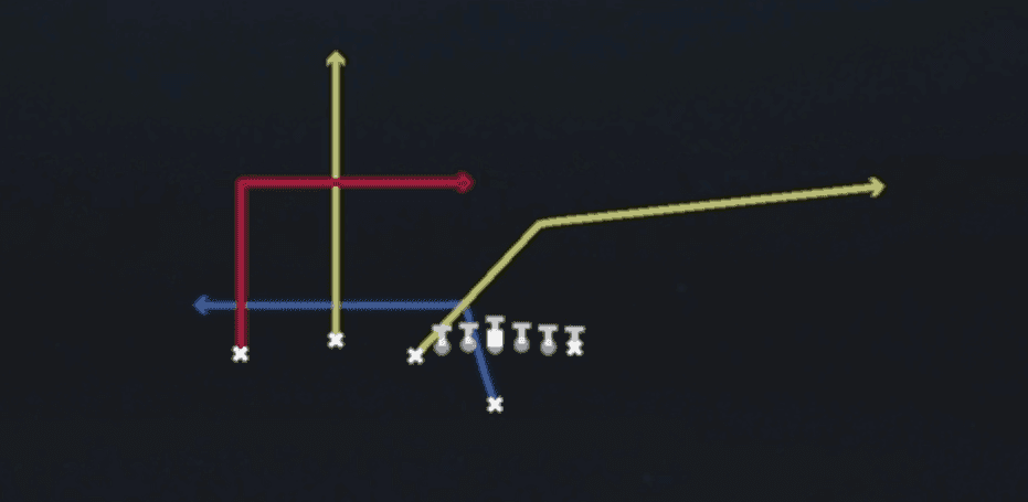 Play diagram for PA Dagger U Cross from Singleback U Off Trio in Madden 27