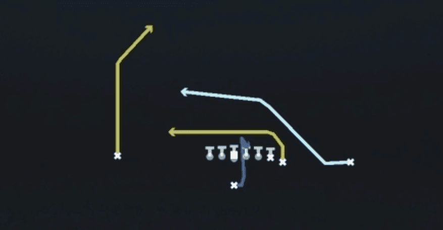 Play diagram for Mtn PA Cross from Singleback Wing in Madden 27