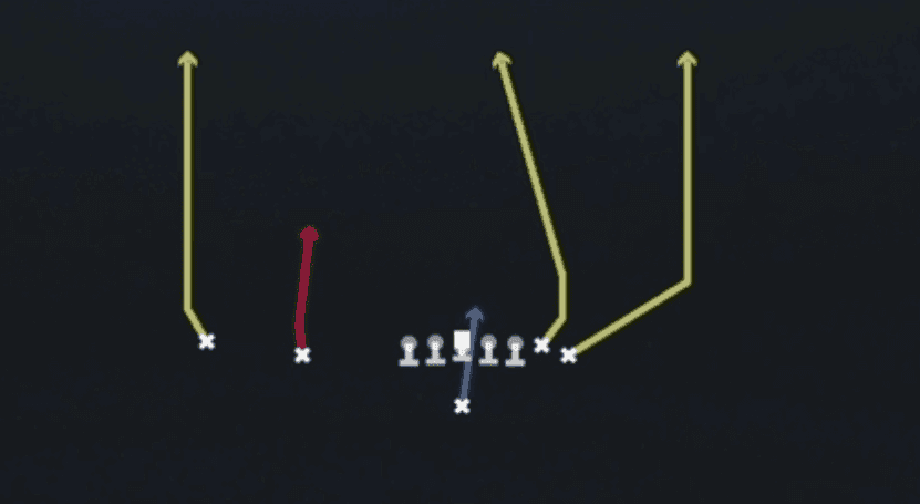 Play diagram for Four Verticals from Singleback Wing Slot in Madden 27