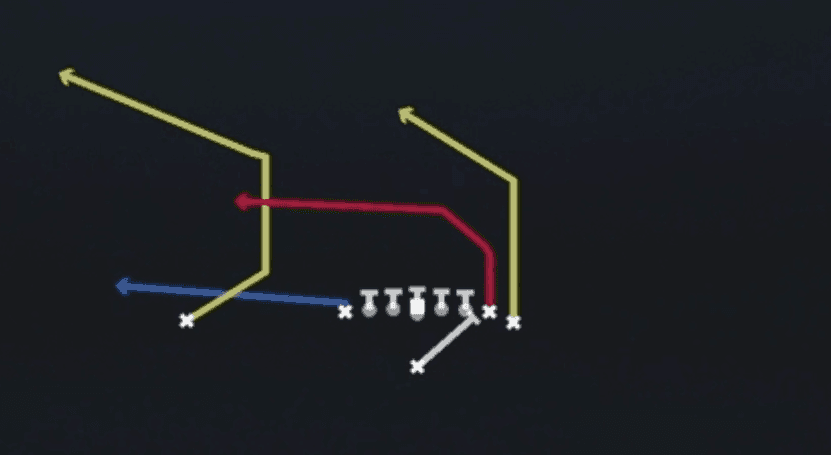 Play diagram for PA Roll Lt from Singleback Wing Tight in Madden 27