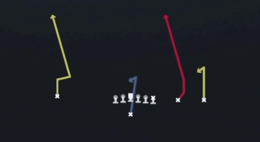 Play diagram for Sluggo Seam from Singleback Y Trips TE Slot in Madden 27