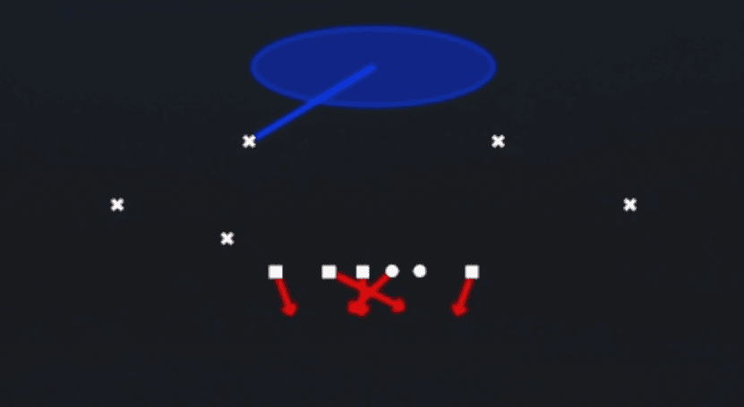 Play diagram for 1 Dt LB Loop from Nickel 3-3 Load Dbl Mug in Madden 27